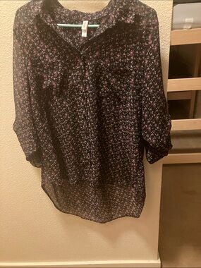 Xhilaration Black Blouse with Pink & Orange Floral Print